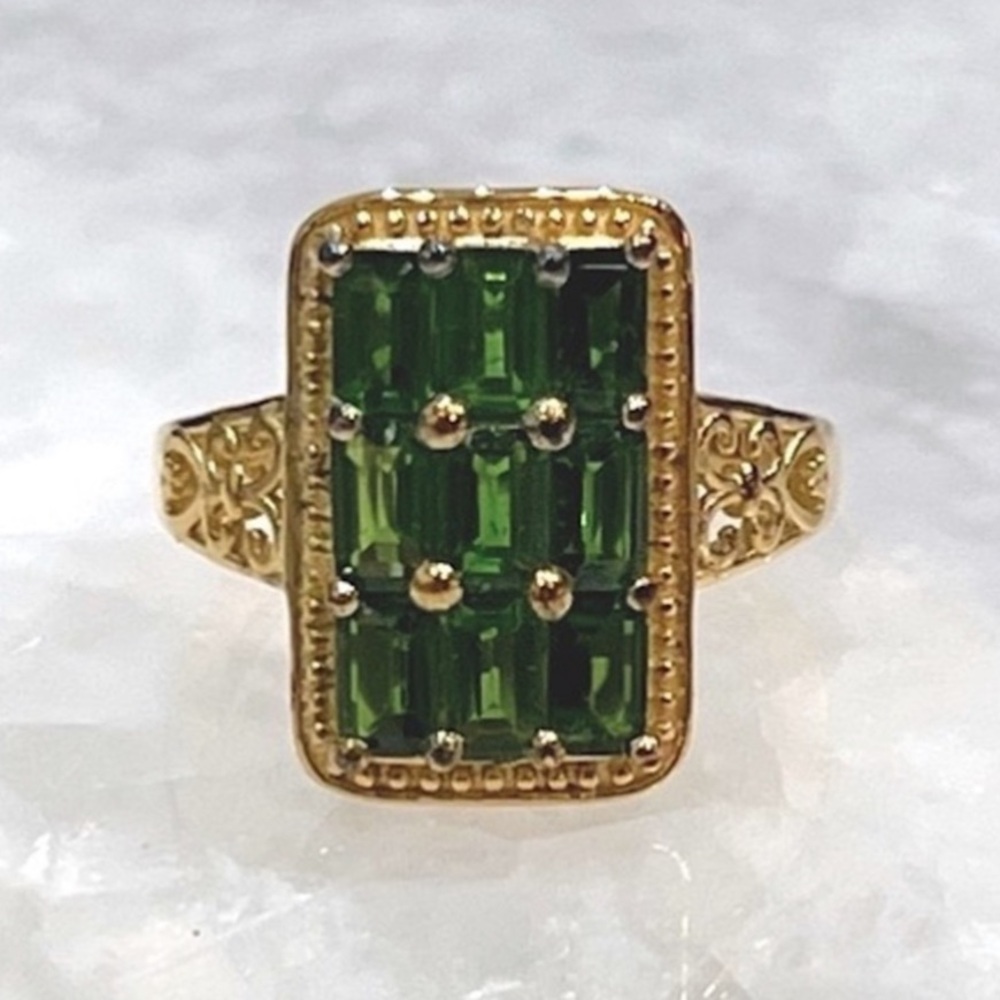 Russian Diopside YG Sterling Silver Rectangle Cluster Ring Sz 8
